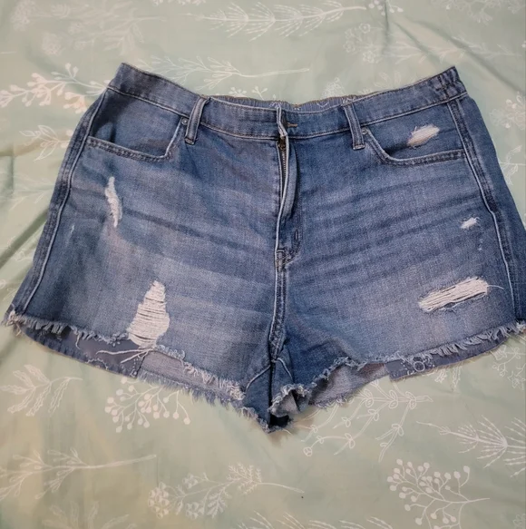 Aerie Blue Distressed Jean Shorts with Frayed Hem - Picture 1 of 8